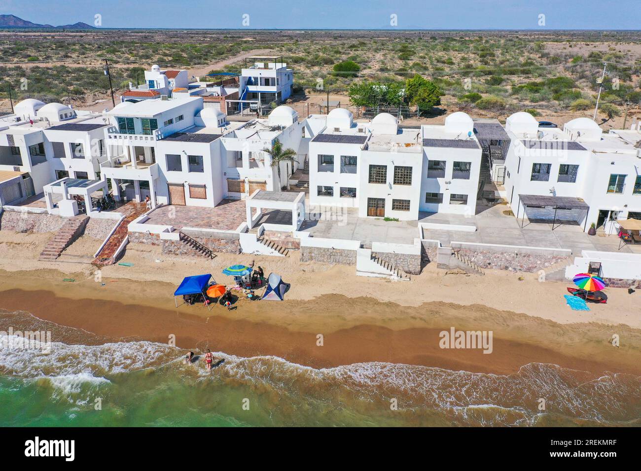 Aerial view of the beach, condominiums and apartments of Bahia de Kino
