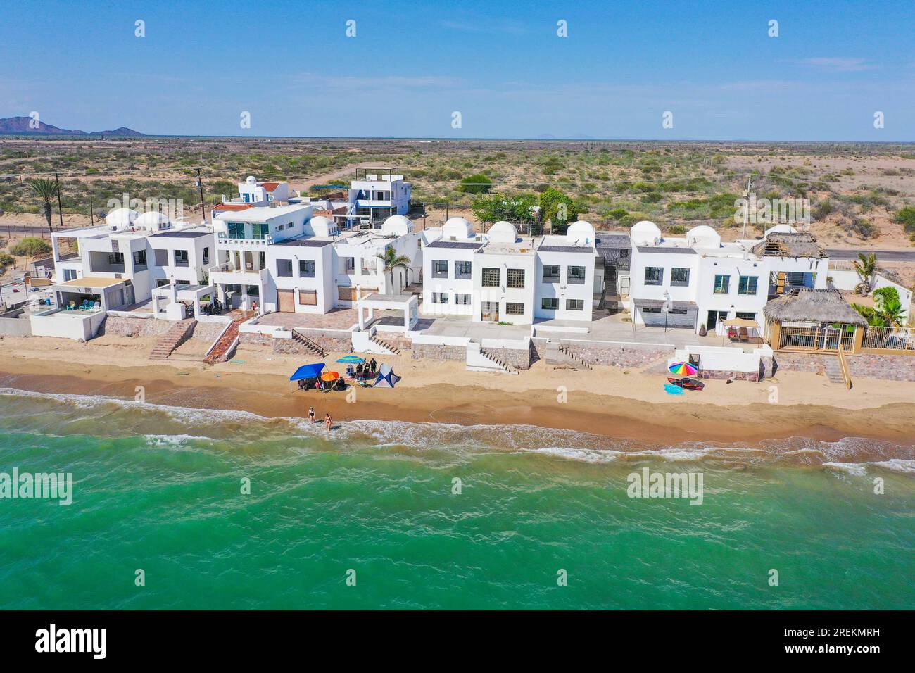 Aerial view of the beach, condominiums and apartments of Bahia de Kino, Sonora Mexico. real