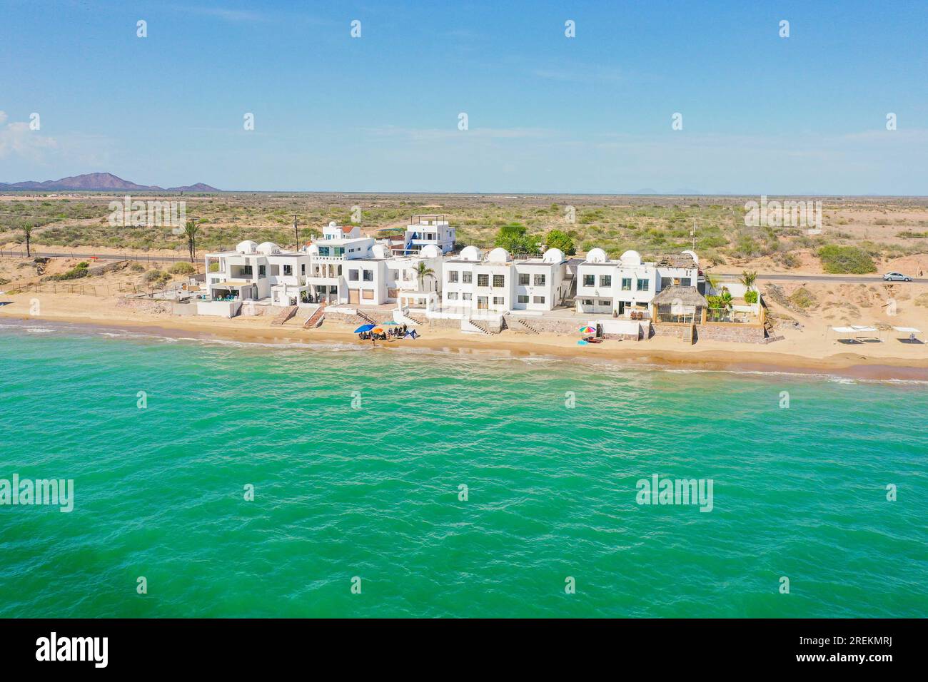 Aerial view of the beach, condominiums and apartments of Bahia de Kino