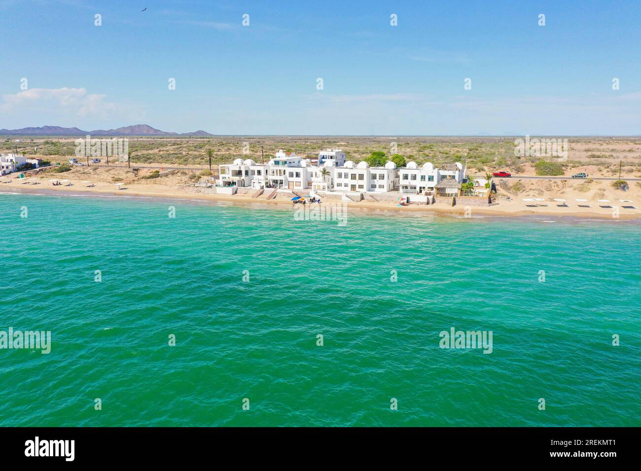 Aerial view of the beach, condominiums and apartments of Bahia de Kino, Sonora Mexico. real
