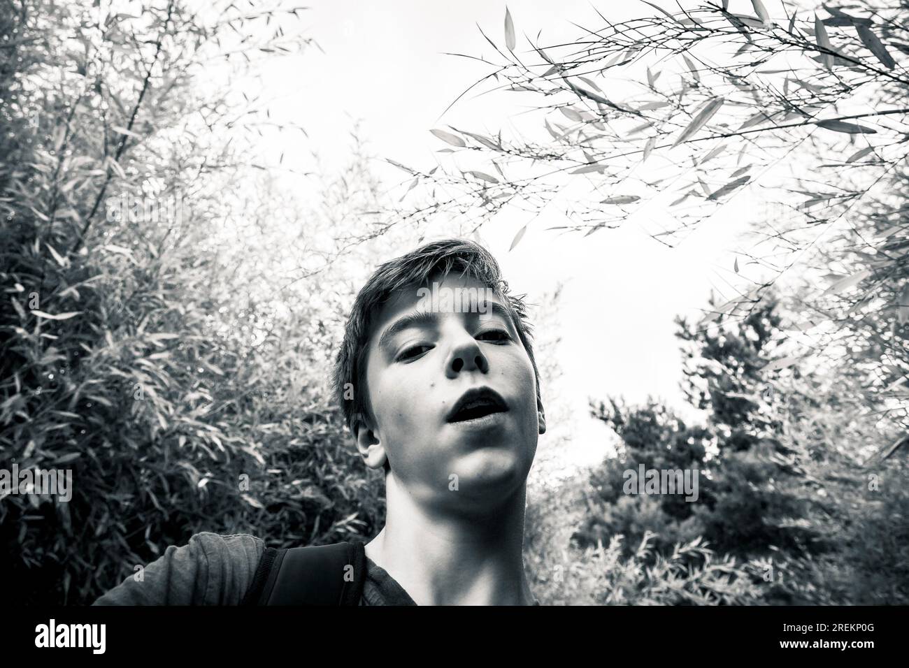Black and white shot of a teenage boy in a garden Stock Photo