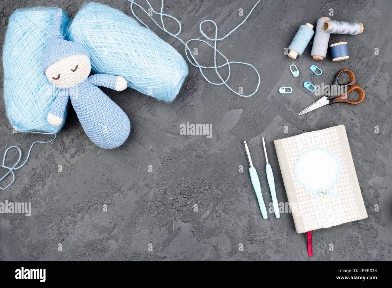 Slate background with blue wool. Beautiful photo Stock Photo