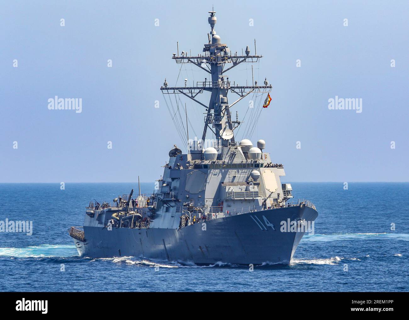 Sea of Japan, Japan. 17 July, 2023. The U.S. Navy Arleigh-burke class guided-missile destroyers USS Ralph Johnson patrols international shipping lanes, July 17, 2023 in the Gulf of Oman. The U.S. Navy stepped up patrols after Iran harassed civilian shipping in the region.  Credit: MC2 Samantha Oblander/Planetpix/Alamy Live News Stock Photo