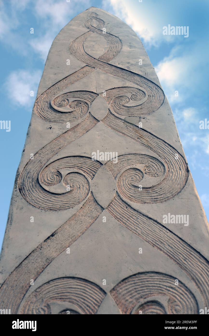 Maori style carvings outside parliament house, Wellington, New Zealand Stock Photo