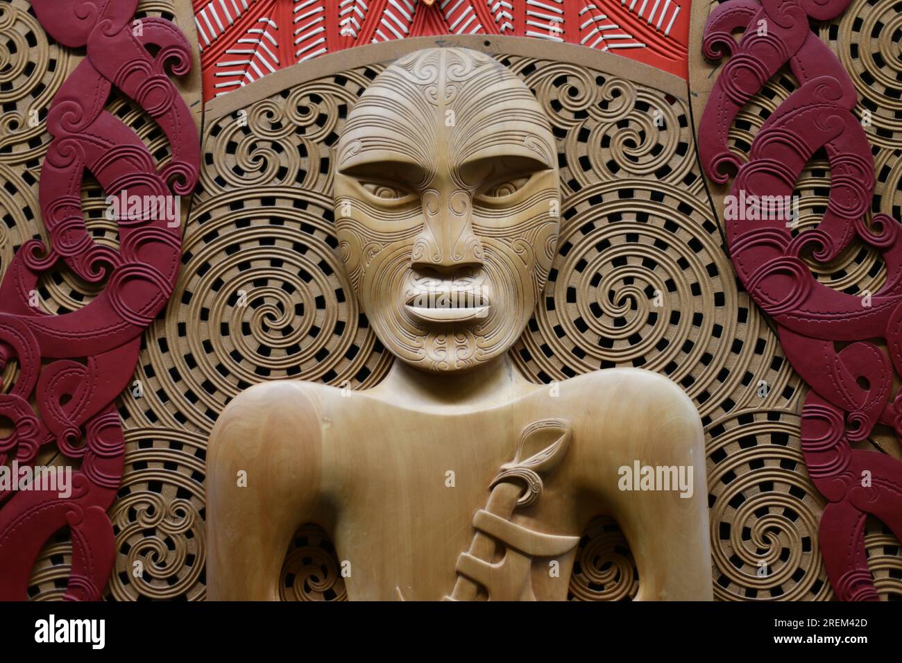 Maori style carvings on display at the National Library, Wellington, New Zealand Stock Photo