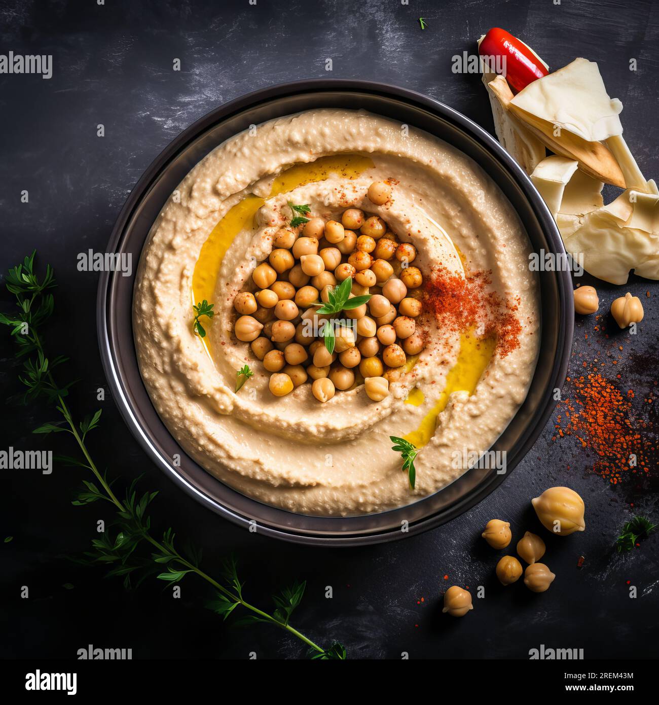 Classic hummus with chickpeas, enhanced by the allure of paprika, olive