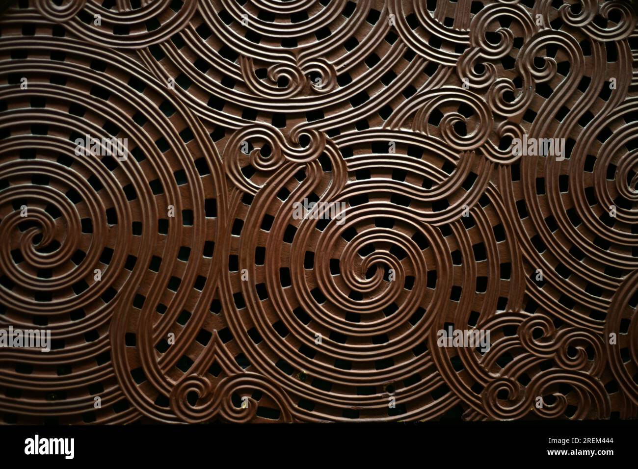 Maori style carvings on display at the National Library, Wellington, New Zealand Stock Photo
