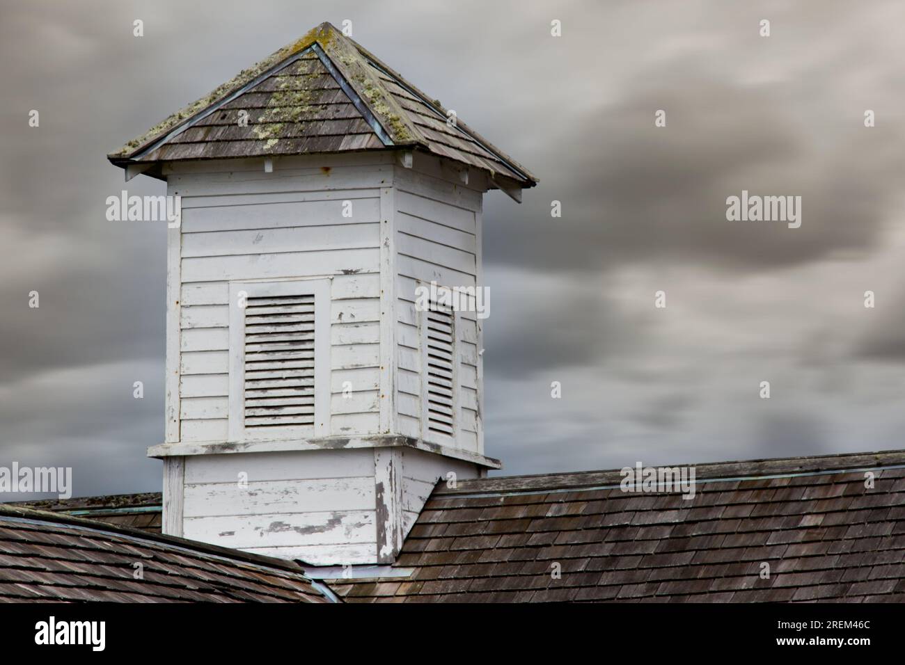 Cupola rests on top of the old dairy building in the historic Pierce Point Ranch in Point Reyes Seashore, California. On the National Register. Stock Photo