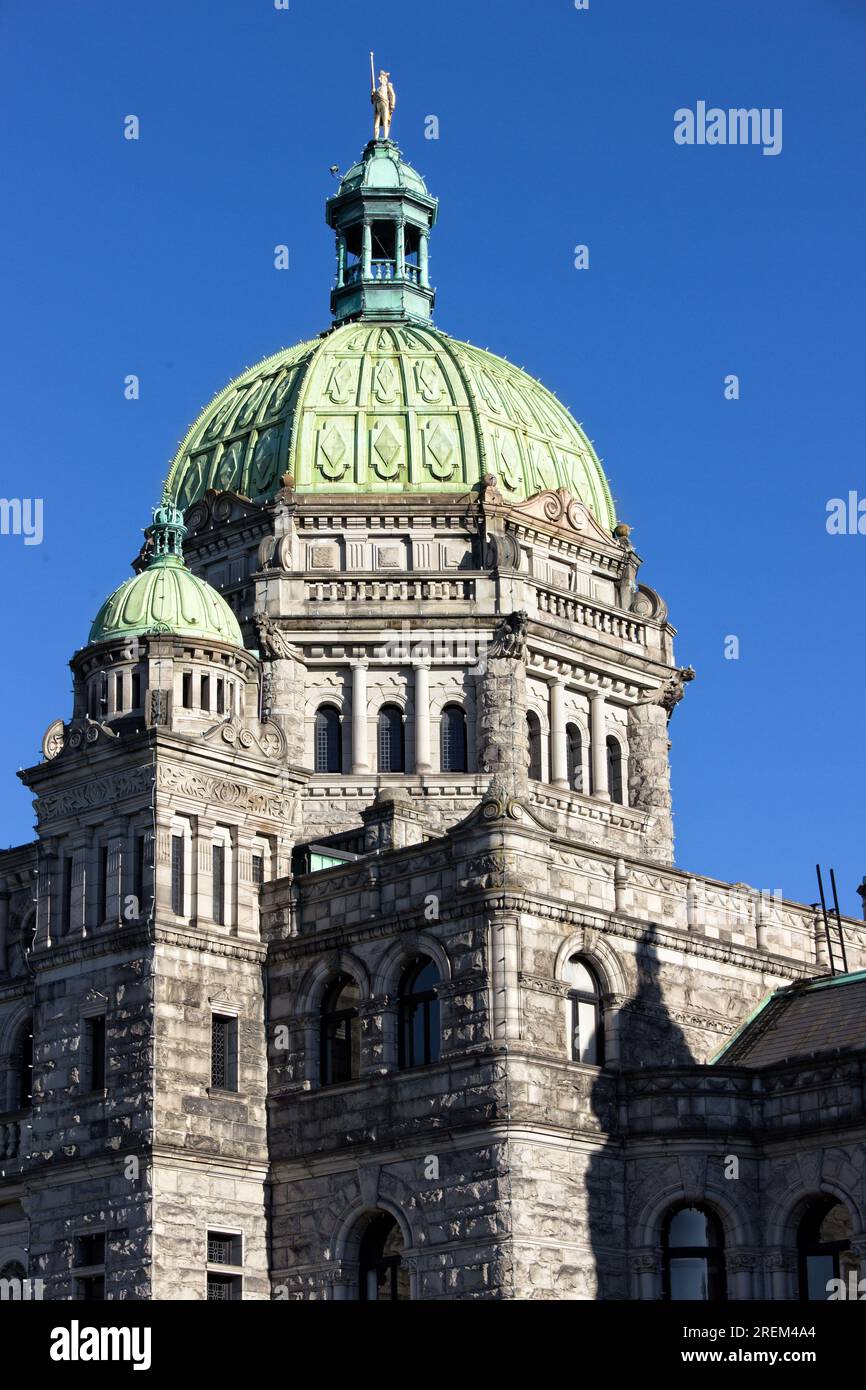 This is an uncommon view of the cupola dome atop the Provincial Legislative Building in Victoria, British Columbia. Stock Photo