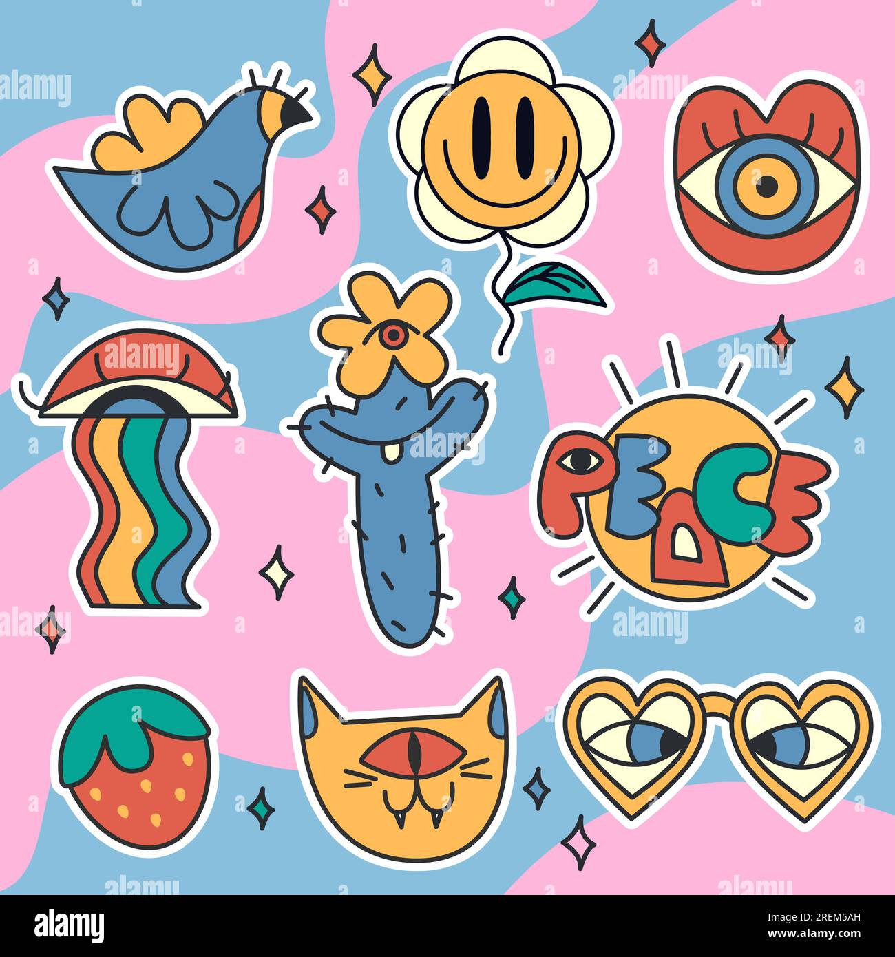 Peaceful stickers set in retro groovy style Stock Vector