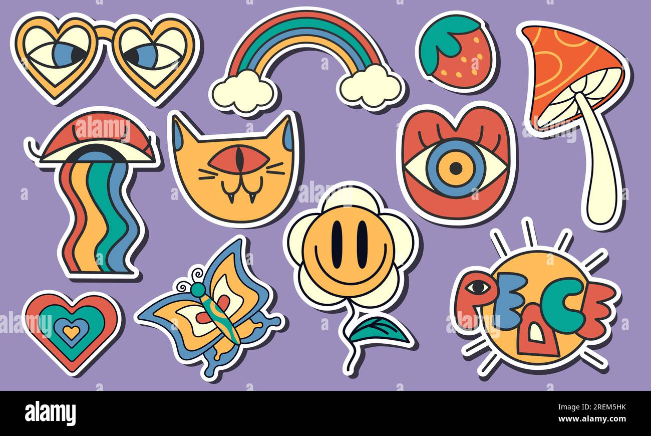 Peaceful stickers set in retro groovy style Stock Vector