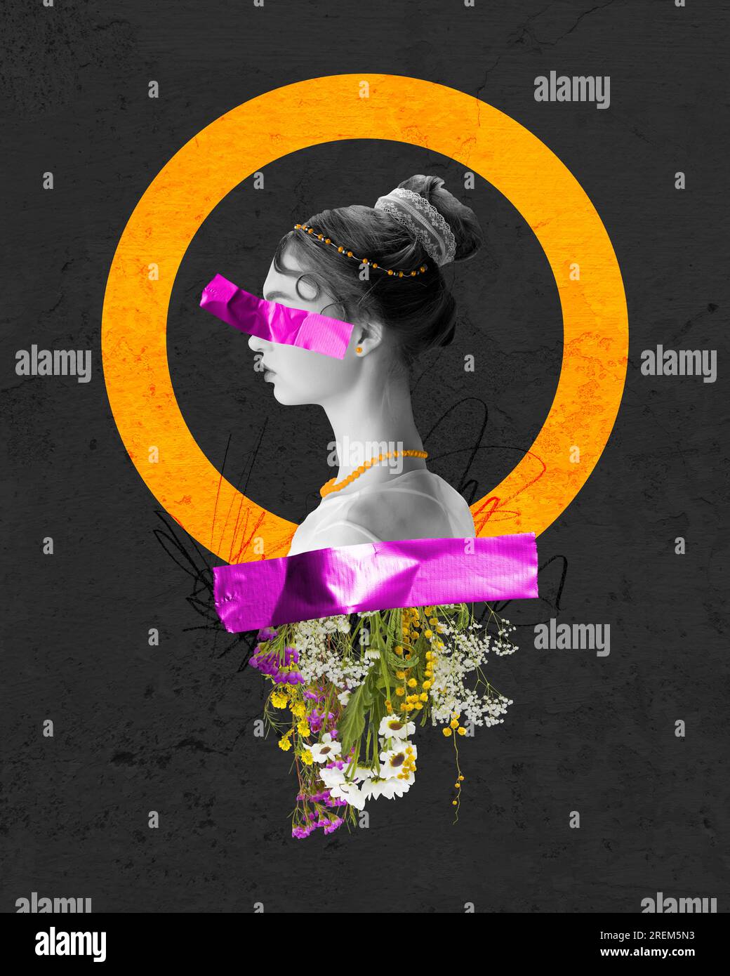 Profile portrait of young beautiful woman, royal person, princess over dark background with abstract elements. Contemporary art collage. Stock Photo