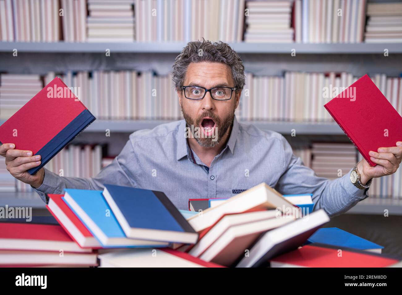 knowledge day. overwork of bookworm. teacher genius in school library ...