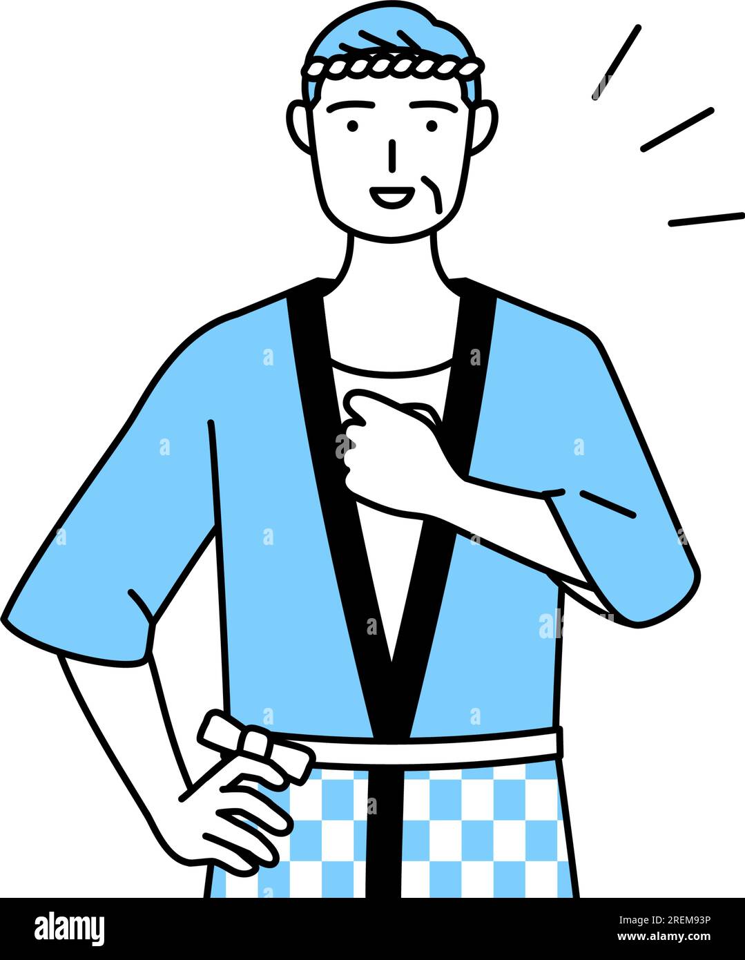 Senior man wearing Happi coat for summer festivals tapping his chest, Vector Illustration Stock Vector