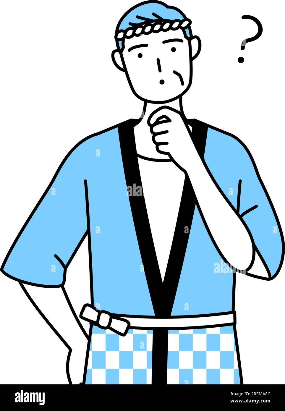 Senior man wearing Happi coat for summer festivals nodding his head in ...