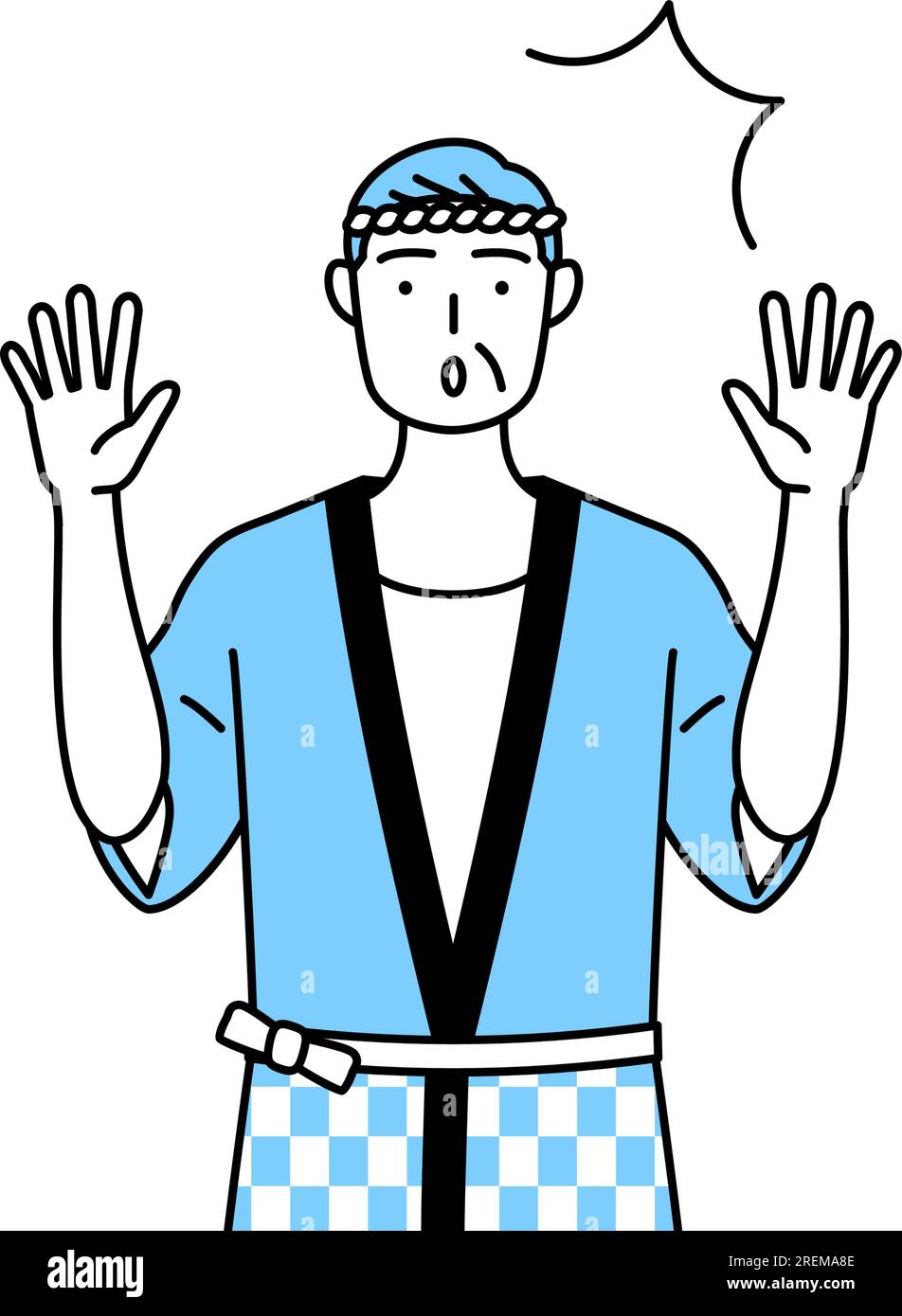Senior man wearing Happi coat for summer festivals raising his hand in ...
