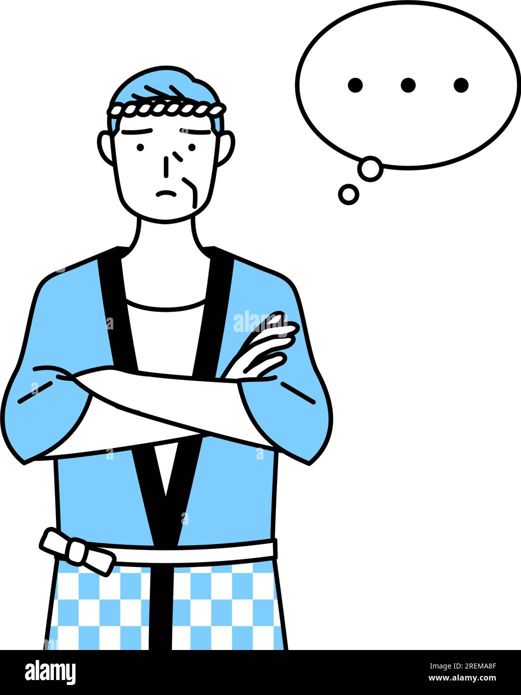 Senior man wearing Happi coat for summer festivals with crossed arms ...