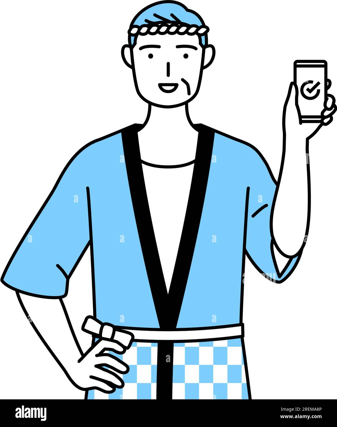 Senior man wearing Happi coat for summer festivals using a smartphone at work, Vector Illustration Stock Vector