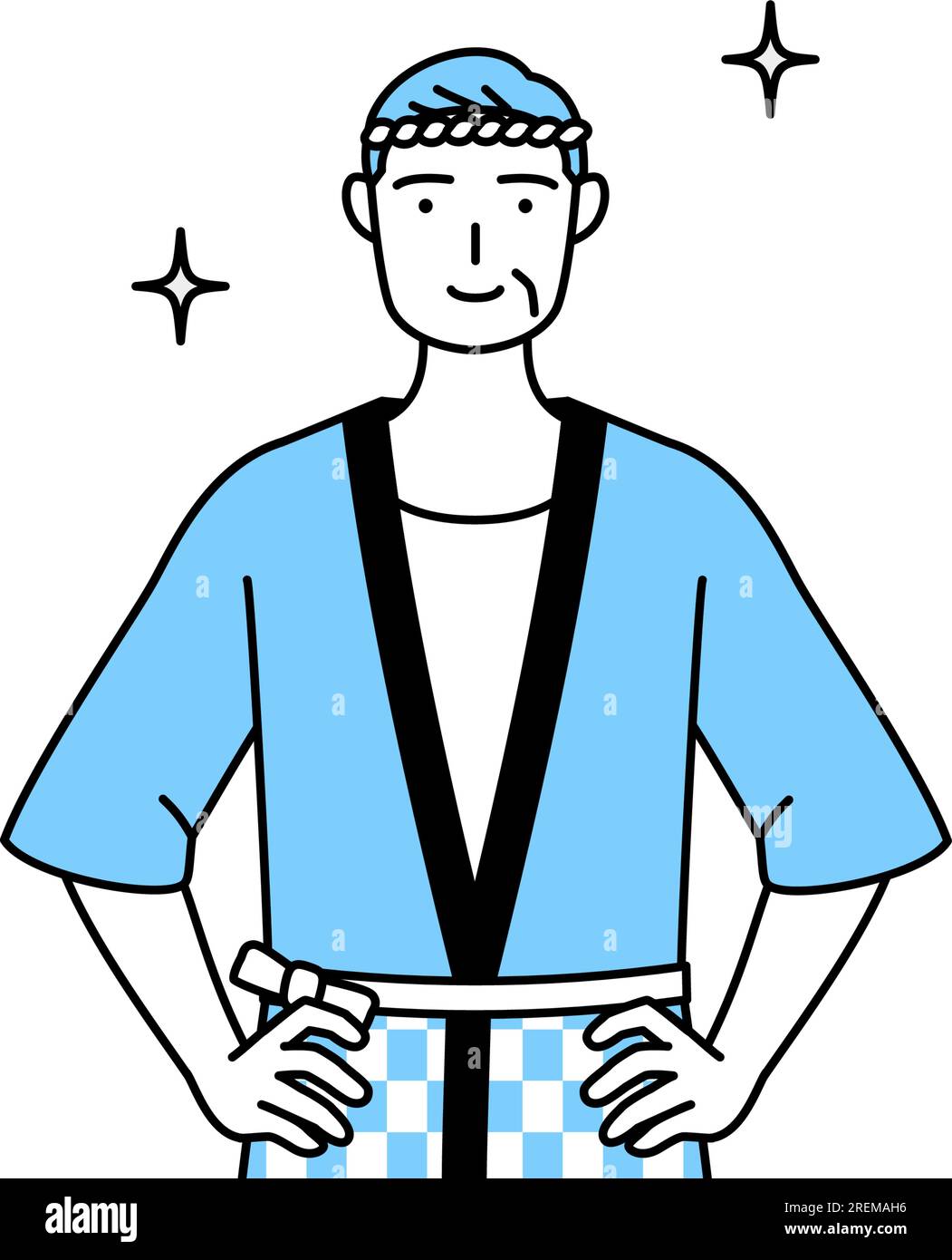 Senior man wearing Happi coat for summer festivals with his hands on ...