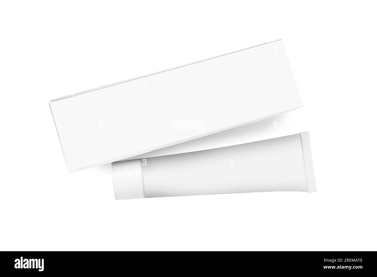 Tube of ointment and box isolated on white, top view. Space for text