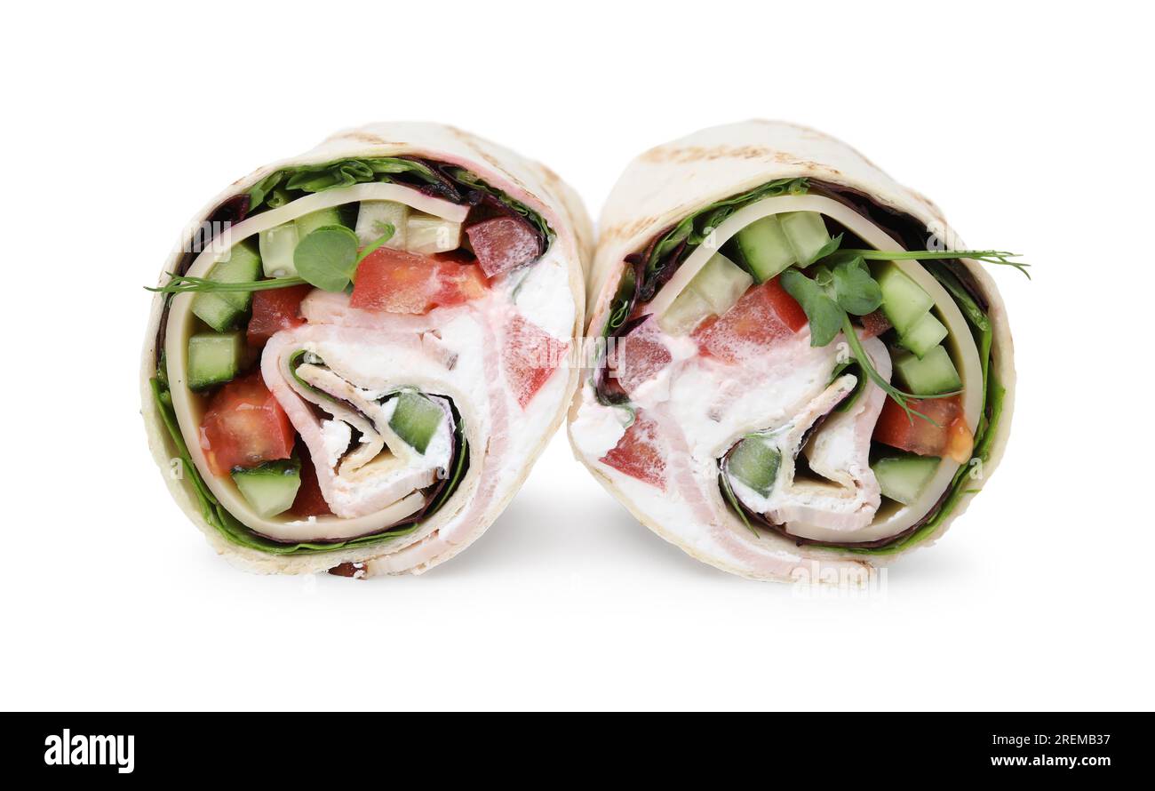 Delicious sandwich wraps with fresh vegetables isolated on white Stock