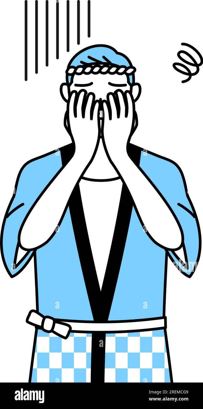 Senior man wearing Happi coat for summer festivals covering his face in ...