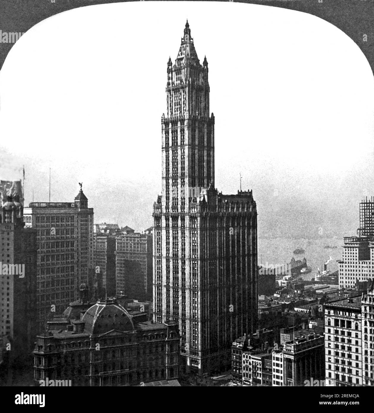 New York, New York:  c. 1915 The tallest building in the world is the 'Cathedral of Commerce', the Woolworth Building in New York City. Stock Photo