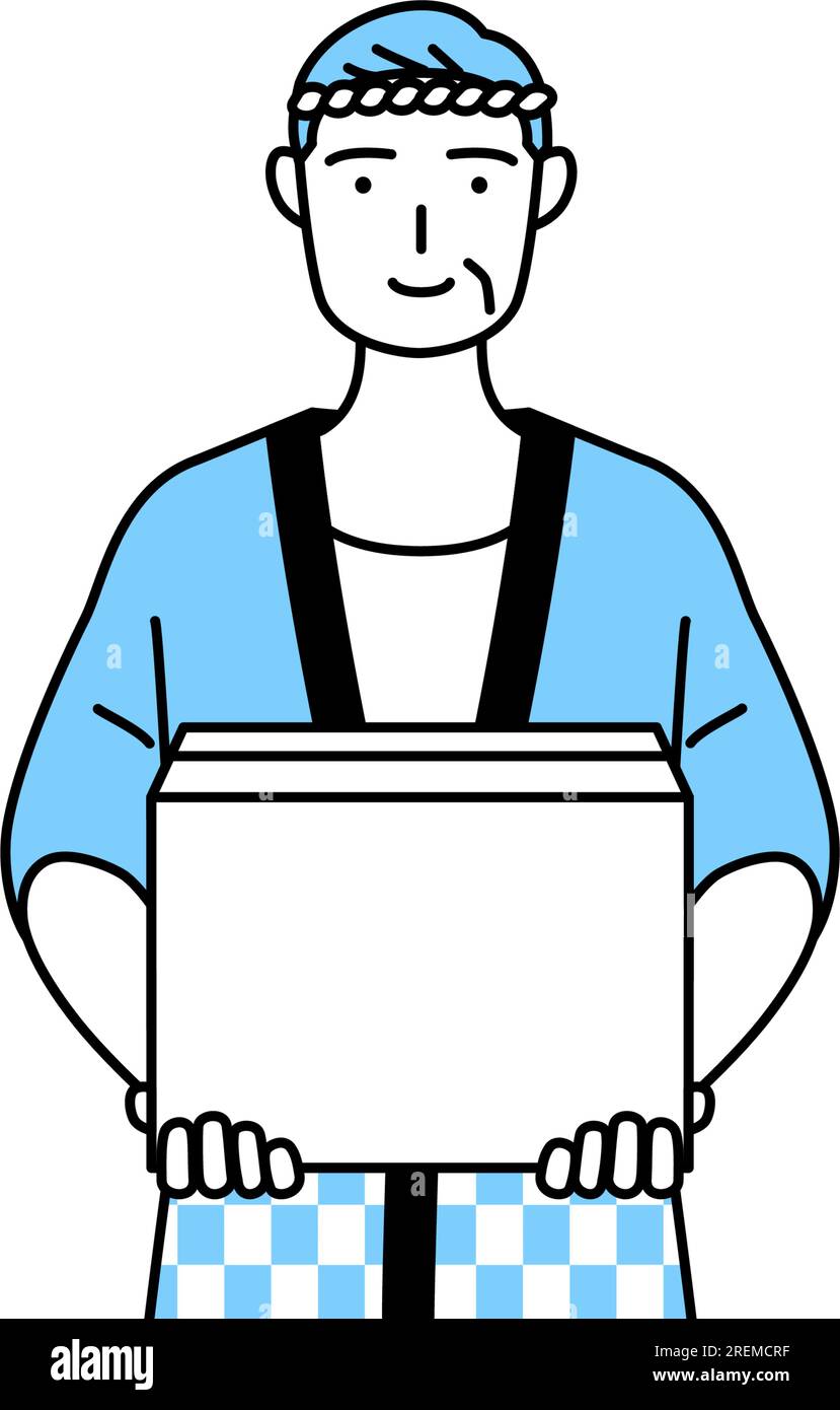 Senior man wearing Happi coat for summer festivals working to carry cardboard boxes, Vector Illustration Stock Vector