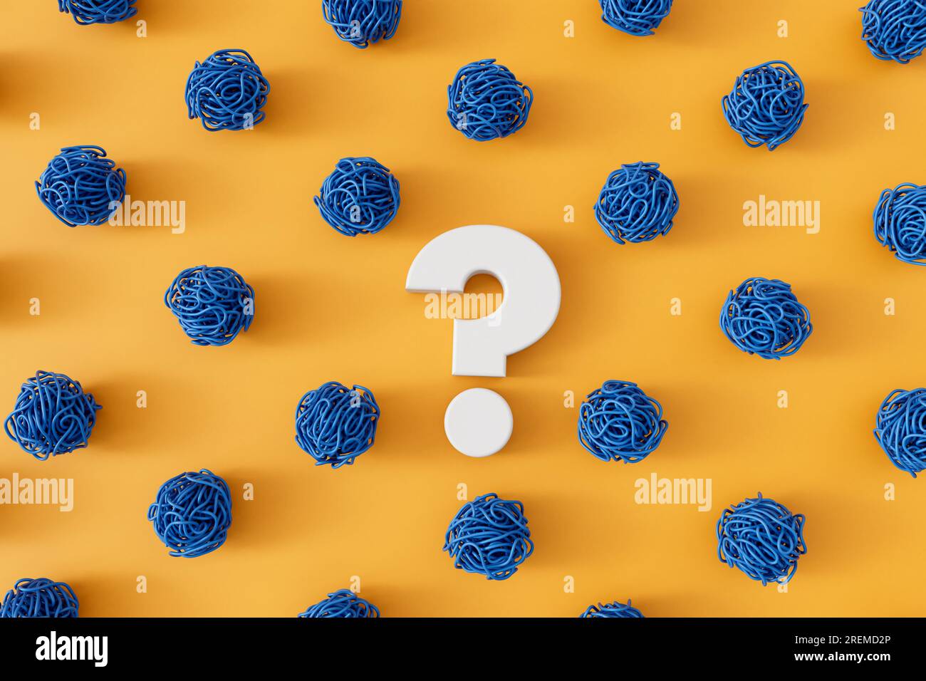 Tangled knot of string with a question mark. Mental health and solution