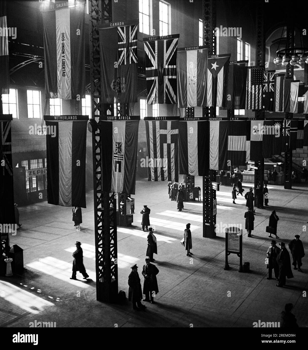 Chicago, Illinois:    January, 1943 The Union Station concourse with the flags of various countries hanging from the ceiling. Stock Photo