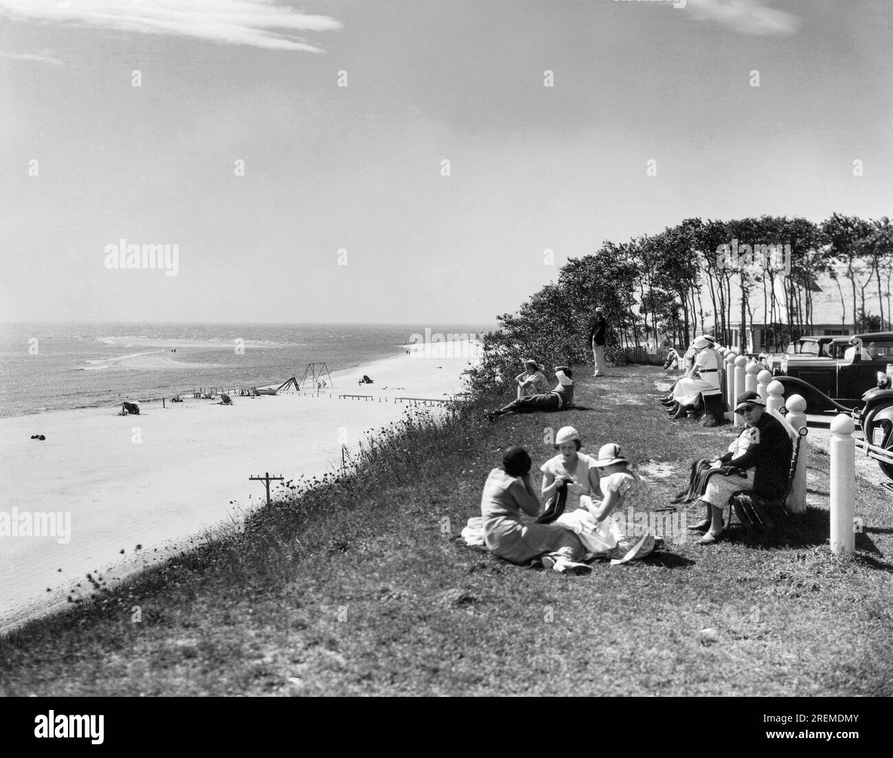 Chatham, Massachusetts:  c. 1929 The beach in front of the Chatham Lighthouse on Cape Cod. Stock Photo