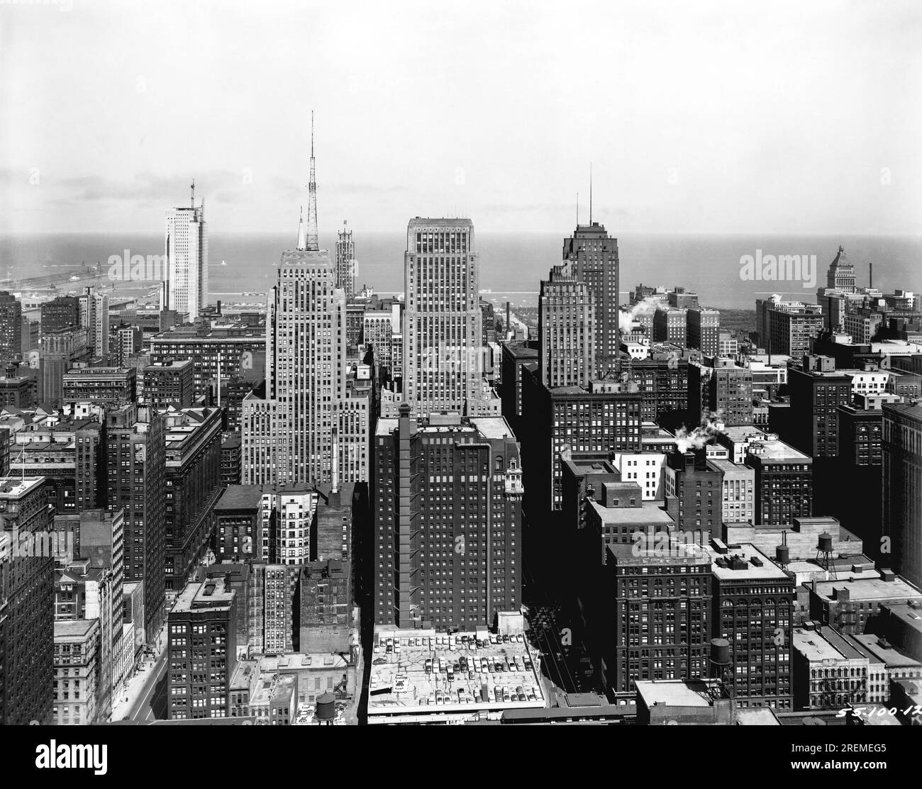 Chicago, Illinois:  1955 View of downtown Chicago facing east over the loop and Wacker Drive. Stock Photo