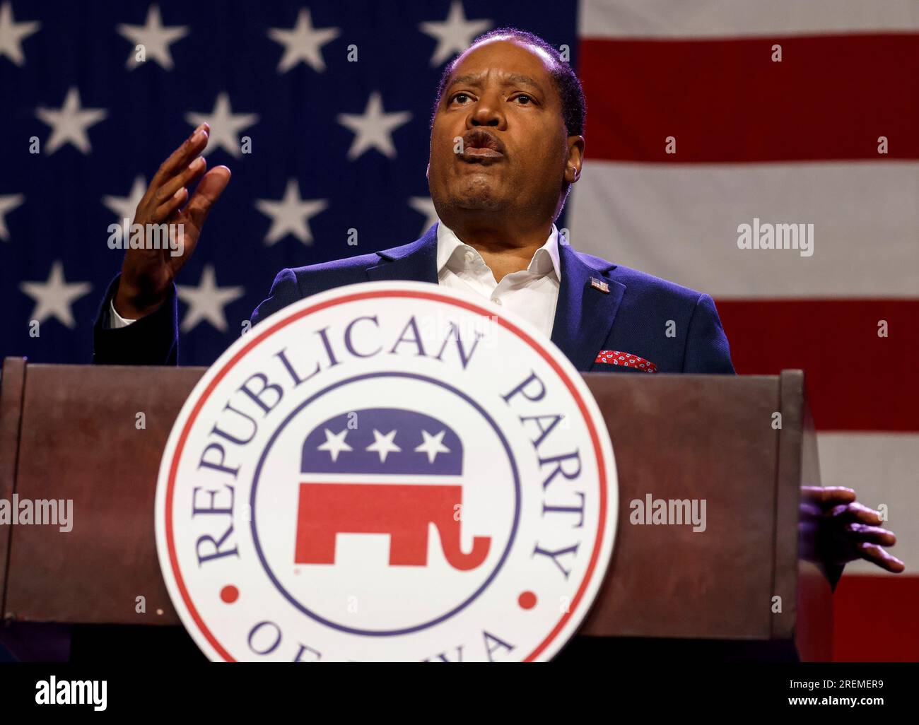 Des Moines, USA. 28th July, 2023. Republican presidential candidate Larry Elder speaks at the 2023 Republican Party of Iowa Lincoln Dinner in Des Moines, Iowa, Friday, July 28 2023. Republican candidates for US President made pitches for their respective candidacies at the gathering in Iowa which will hold the First-in-the-Nation Caucus. Photo by Tannen Maury/UPI Credit: UPI/Alamy Live News Stock Photo