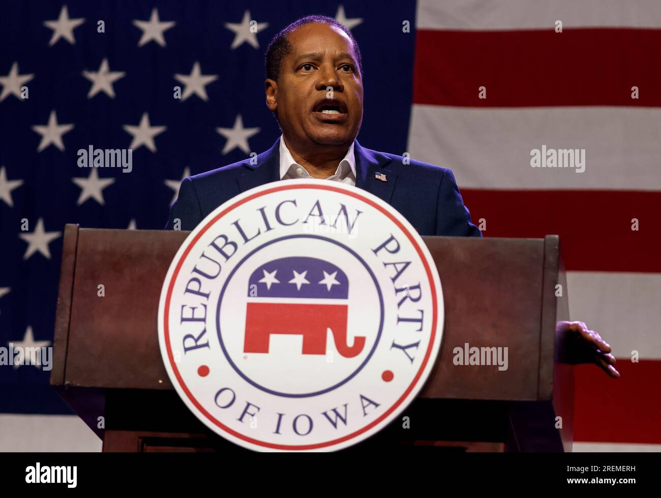 Des Moines, USA. 28th July, 2023. Republican presidential candidate Larry Elder speaks at the 2023 Republican Party of Iowa Lincoln Dinner in Des Moines, Iowa, Friday, July 28 2023. Republican candidates for US President made pitches for their respective candidacies at the gathering in Iowa which will hold the First-in-the-Nation Caucus. Photo by Tannen Maury/UPI Credit: UPI/Alamy Live News Stock Photo