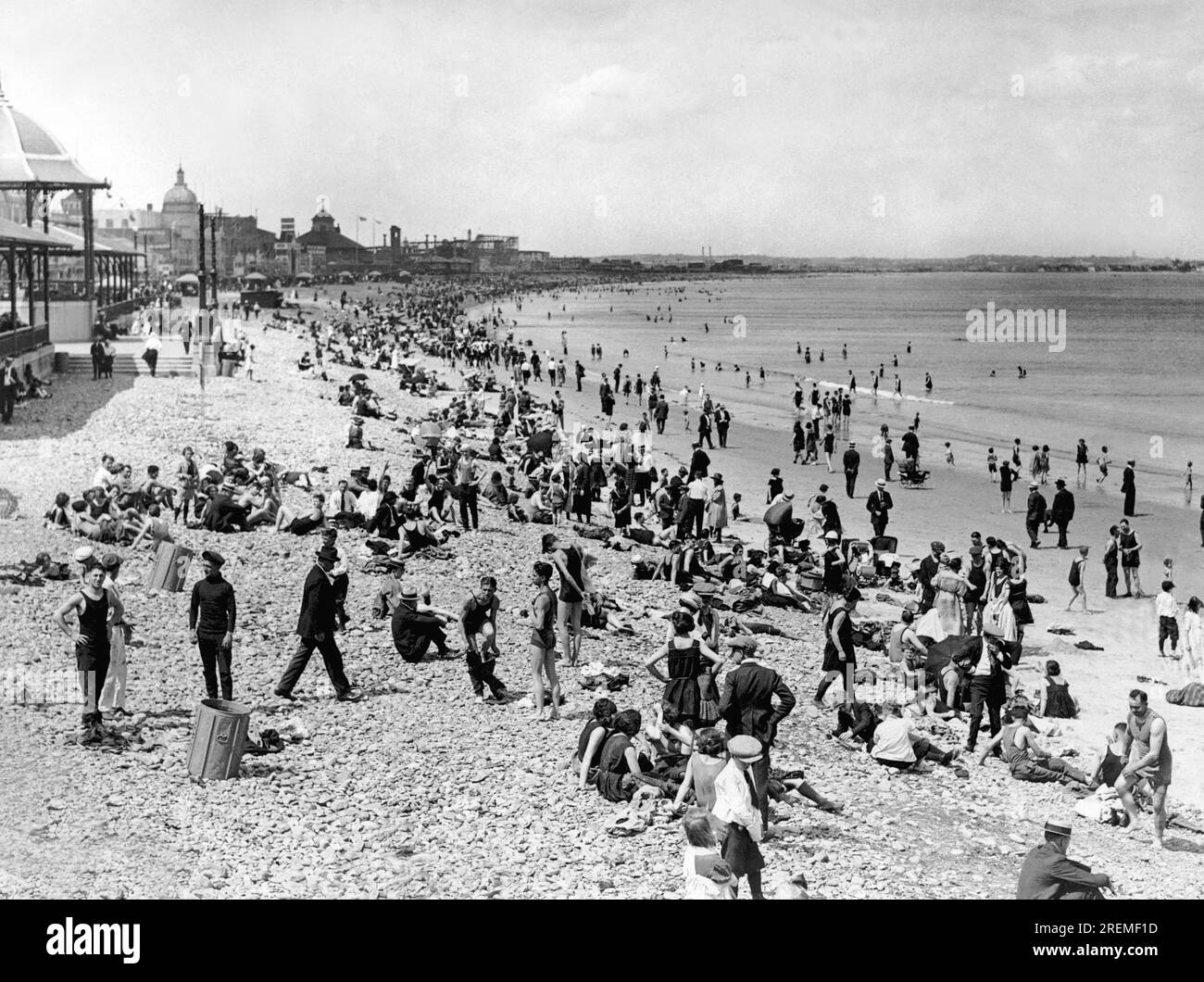 Revere, Massachusetts:  c. 1920 Thousands of Bostonites thronged to nearby Revere Beach to escape the heat wave that struck the East Coast this weekend. Stock Photo