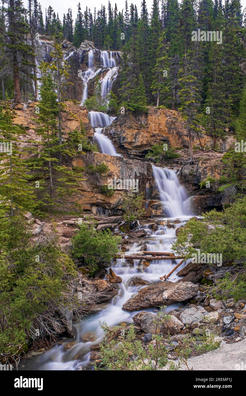 Easily accessible, beautiful Tangle Falls can be found right along the Icefields Parkway in Banff National Park Canada. Stock Photo