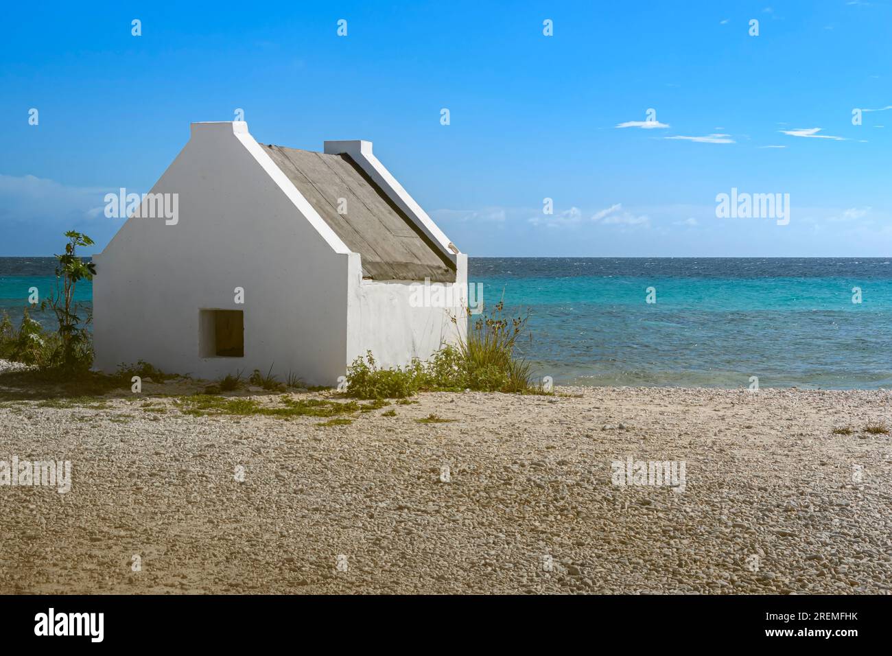 White slave huts at White Pan, south Bonaire. These huts were