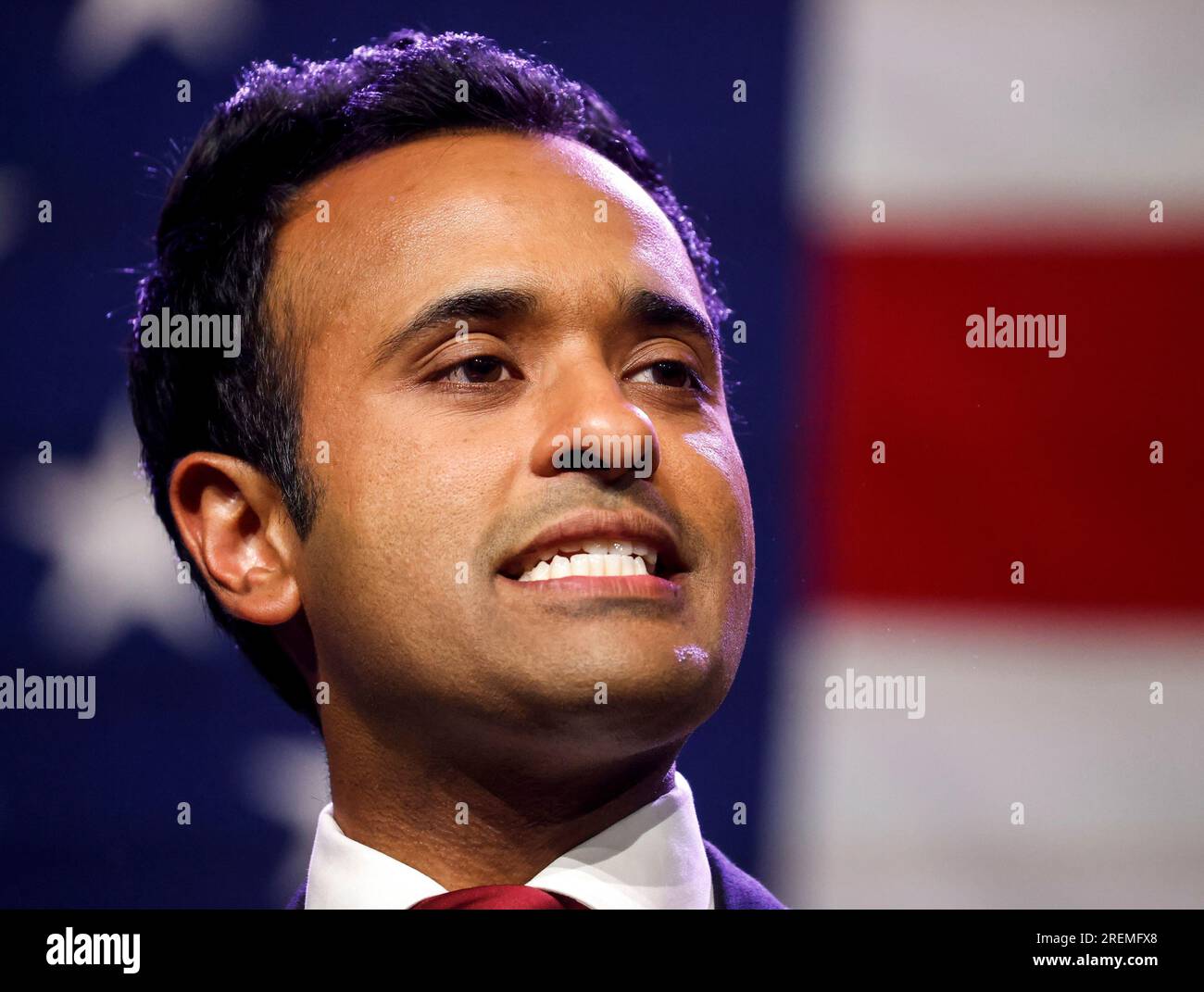 Des Moines, USA. 28th July, 2023. Republican presidential candidate Vivek Ramaswamy speaks at the 2023 Republican Party of Iowa Lincoln Dinner in Des Moines, Iowa, Friday, July 28 2023. Republican candidates for US President made pitches for their respective candidacies at the gathering in Iowa which will hold the First-in-the-Nation Caucus. Photo by Tannen Maury/UPI Credit: UPI/Alamy Live News Stock Photo