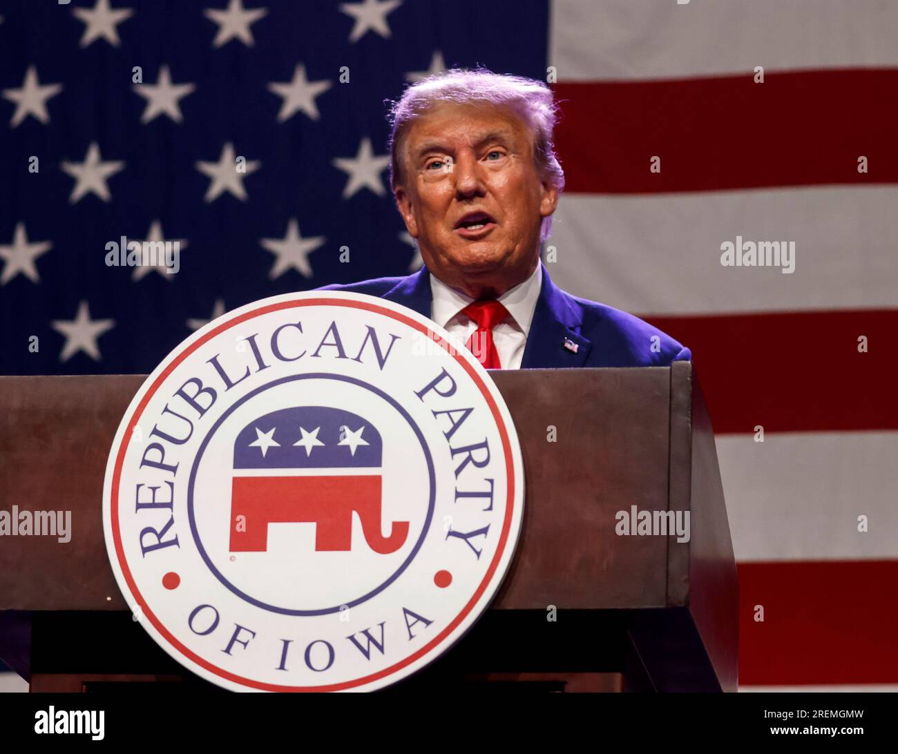 Des Moines, USA. 28th July, 2023. Former US President Donald J. Trump speaks at the 2023 Republican Party of Iowa Lincoln Dinner in Des Moines, Iowa, Friday, July 28 2023. Republican candidates for US President made pitches for their respective candidacies at the gathering in Iowa which will hold the First-in-the-Nation Caucus. Photo by Tannen Maury/UPI Credit: UPI/Alamy Live News Stock Photo