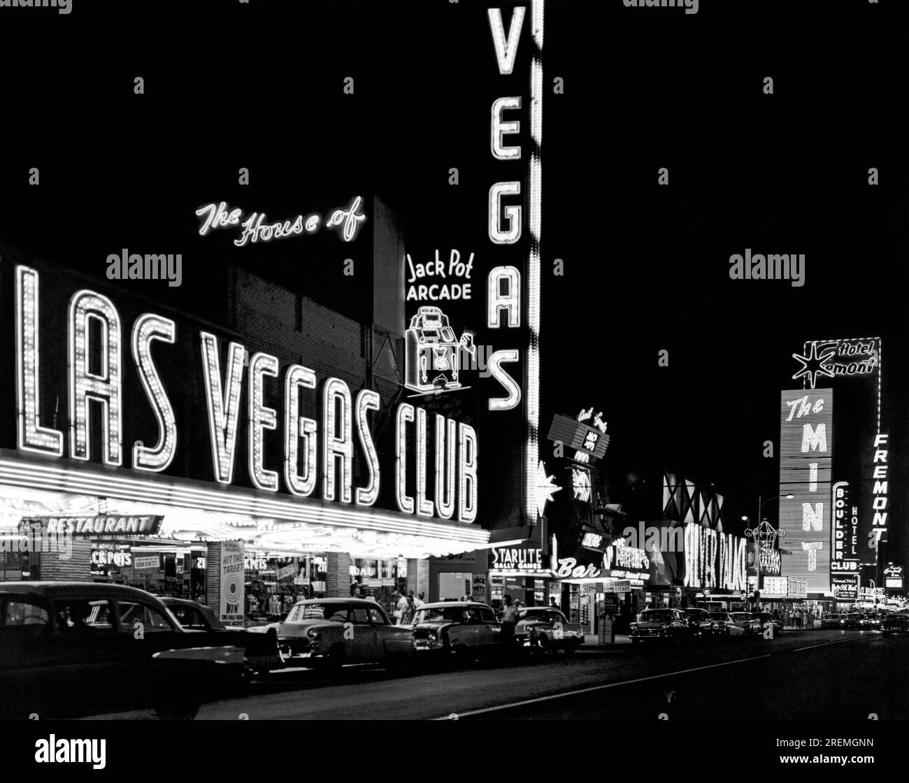 Las Vegas, Nevada:   c. 1959 The strip with Biff's Las Vegas Club up close and The Mint further down the street. Stock Photo