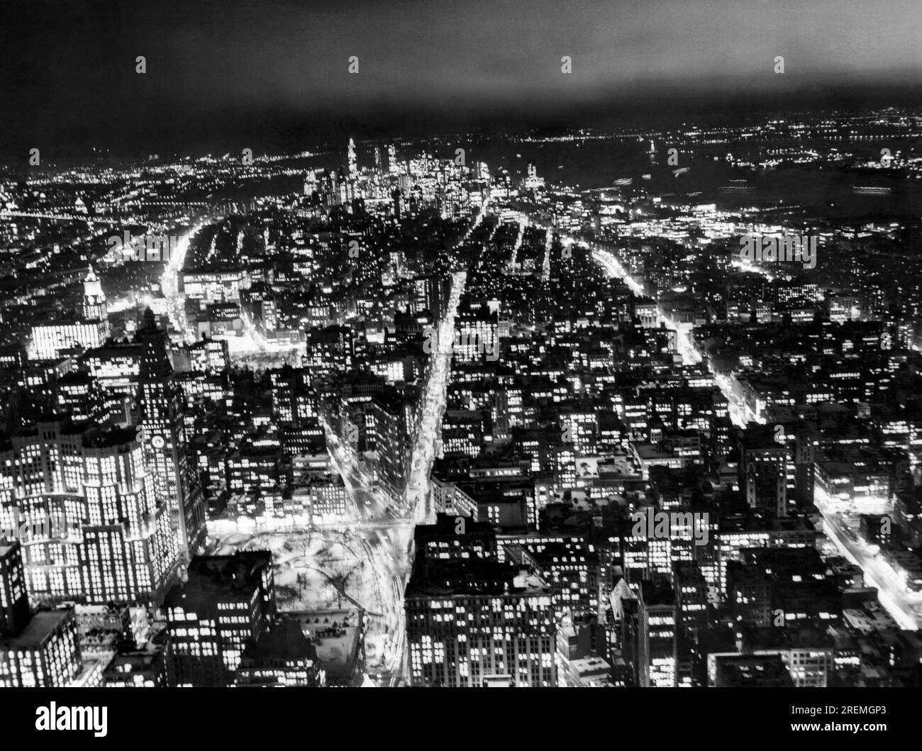 New York, New York December, 1957 Looking south at nightfall from the observation roof of the