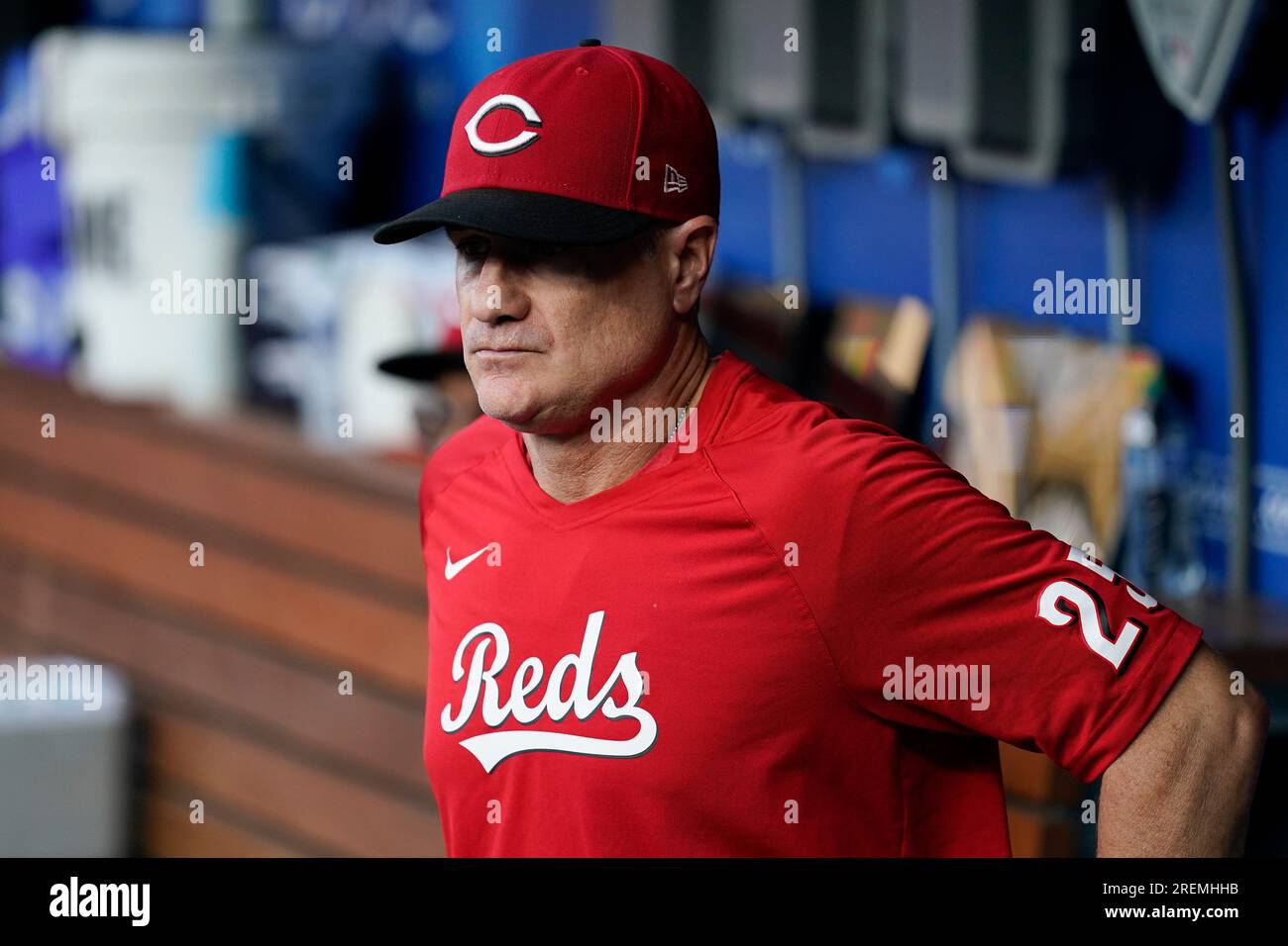 LOS ANGELES, CA - APRIL 17: The Cincinnati Reds logo on a jersey during a  MLB game between the Cincinnati Reds and the Los Angeles Dodgers on April  17, 2019 at Dodger