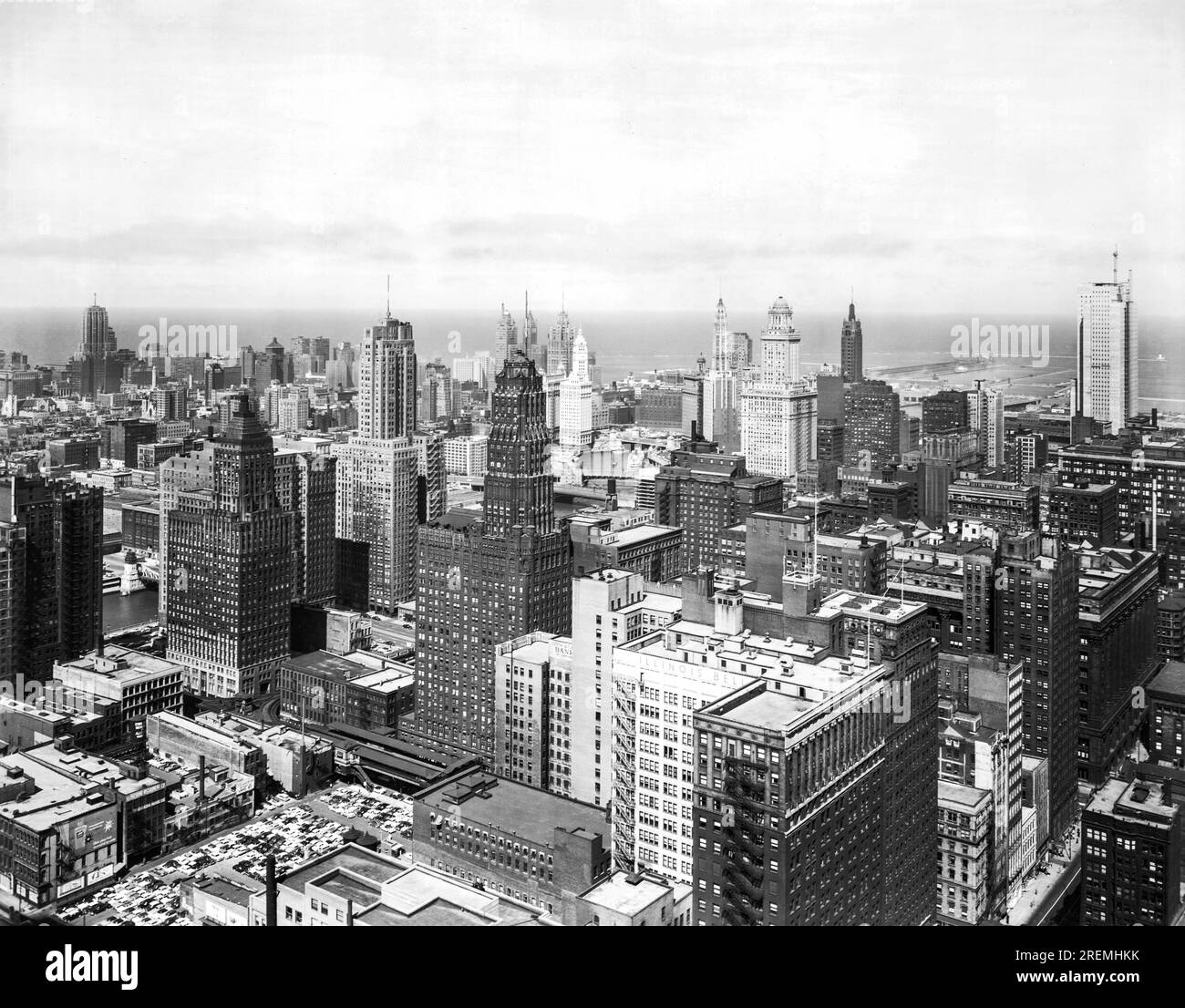 Chicago, Illinois:  1955 Downtown Chicago looking east over the loop and Wacker Drive. Stock Photo