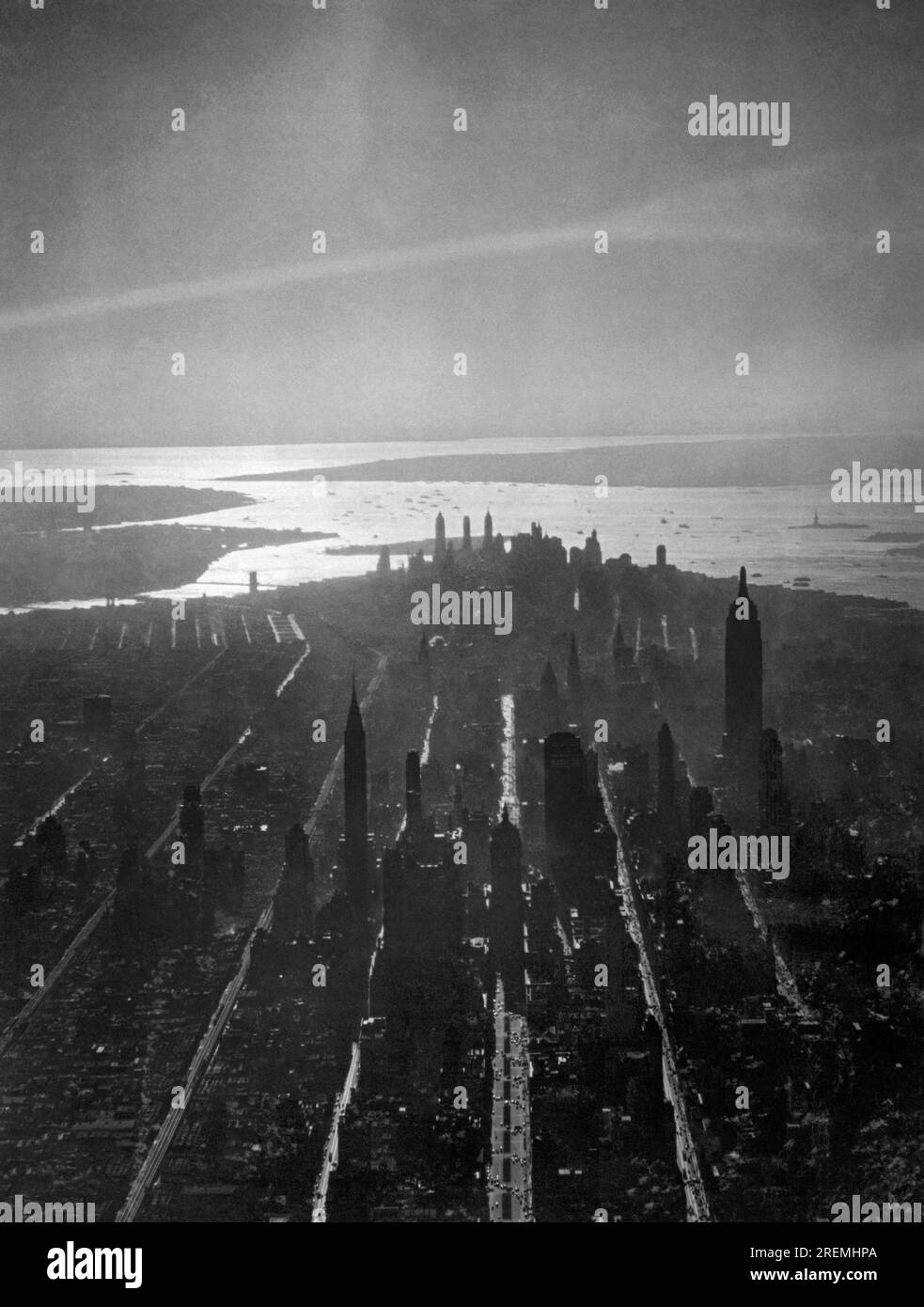 New York, New York c. 1931 An aerial view of MIdtown Manhattan at dusk