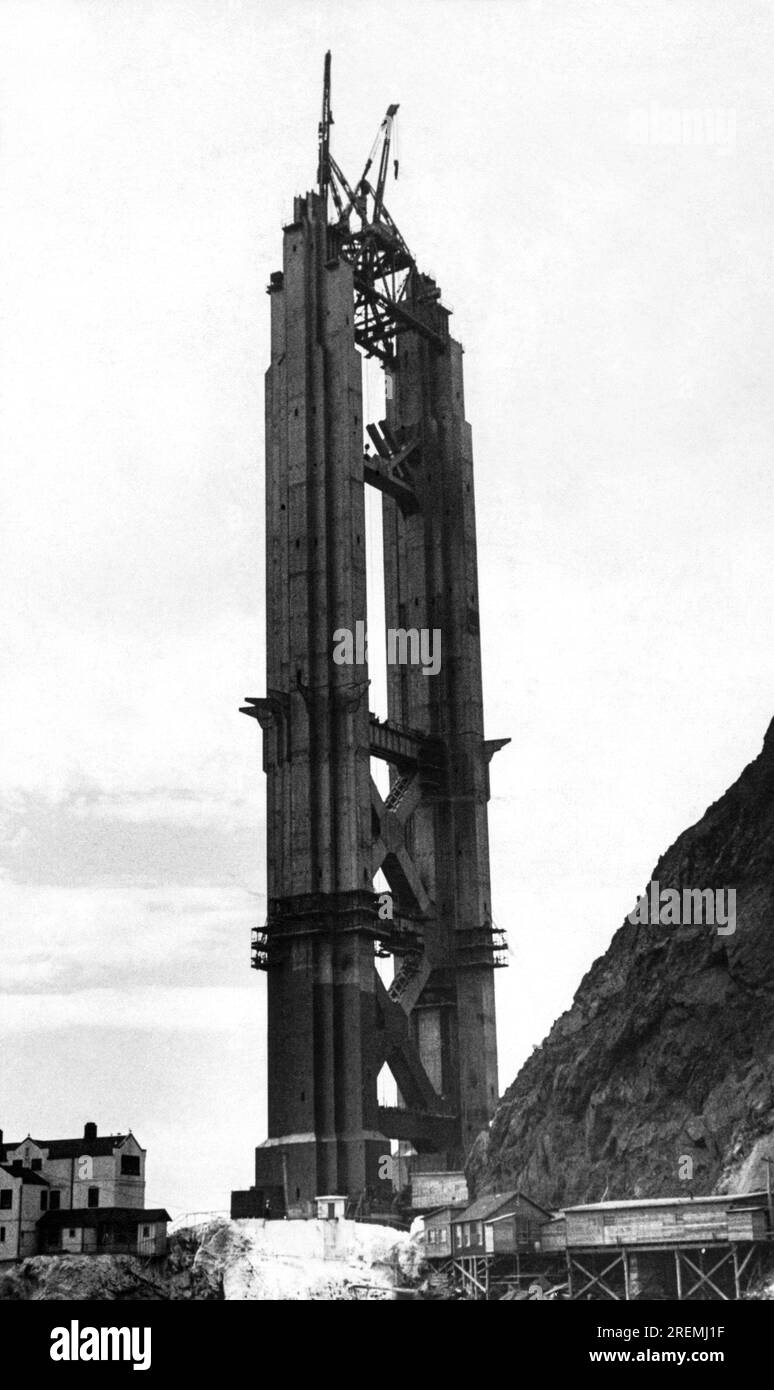 San Francisco, California:  1934 View of the Marin Tower of the Golden Gate Bridge under construction at a current height of 520 feet. Stock Photo
