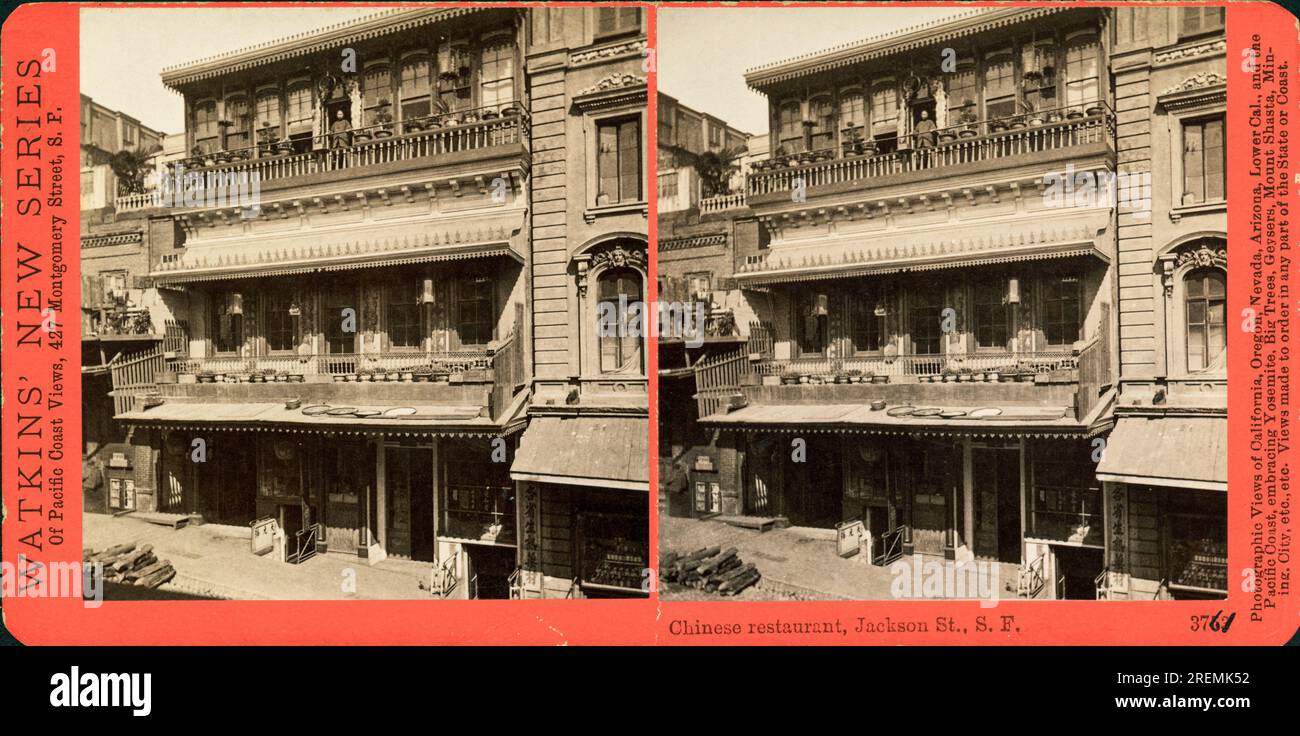 San Francisco, California:   c. 1880  A Chinese restaurant on DuPont Ave near Sacramento Street from a Carleton Watkins stereocard. (DuPont Ave. is now Grant St.) Stock Photo