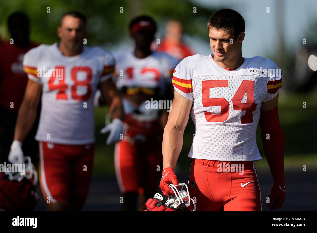 Kansas City Chiefs linebacker Leo Chenal (54) is greeted by teammates  during introductions before the first half of an NFL football game against  the Tennessee Titans, Sunday, Nov. 6, 2022 in Kansas