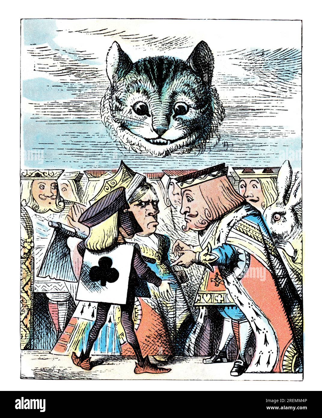 Cheshire Cat King and Queen of Hearts Alice in Wonderland colored Tenniel illustration Stock Photo
