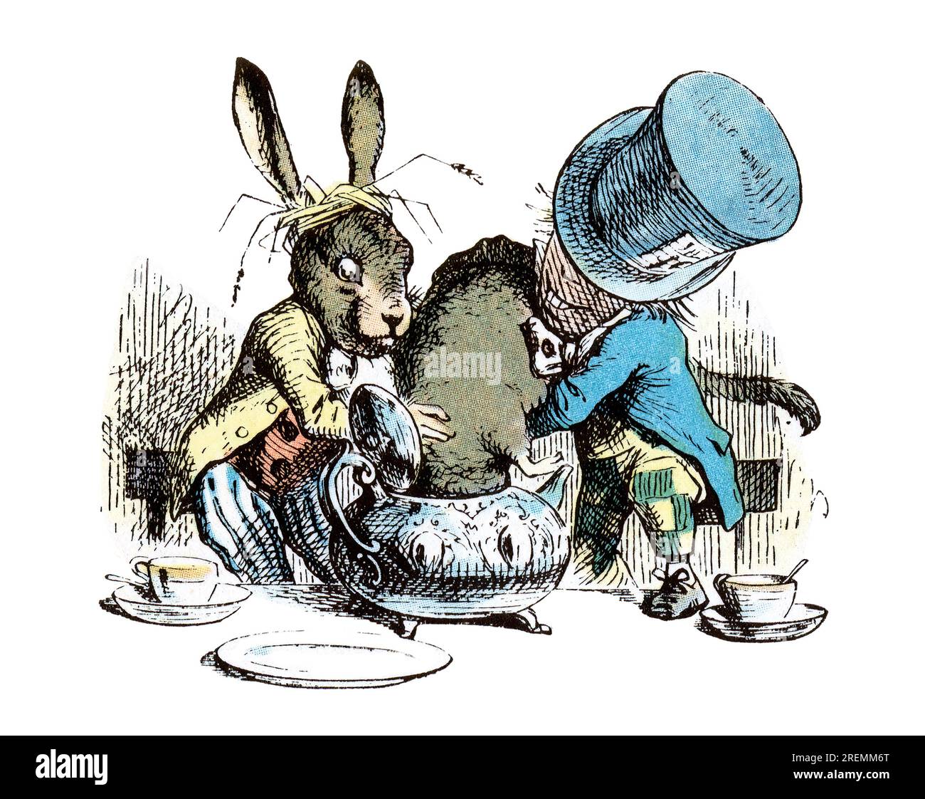 Mad Hatter march hare making tea Alice in Wonderland colored Tenniel illustration Stock Photo