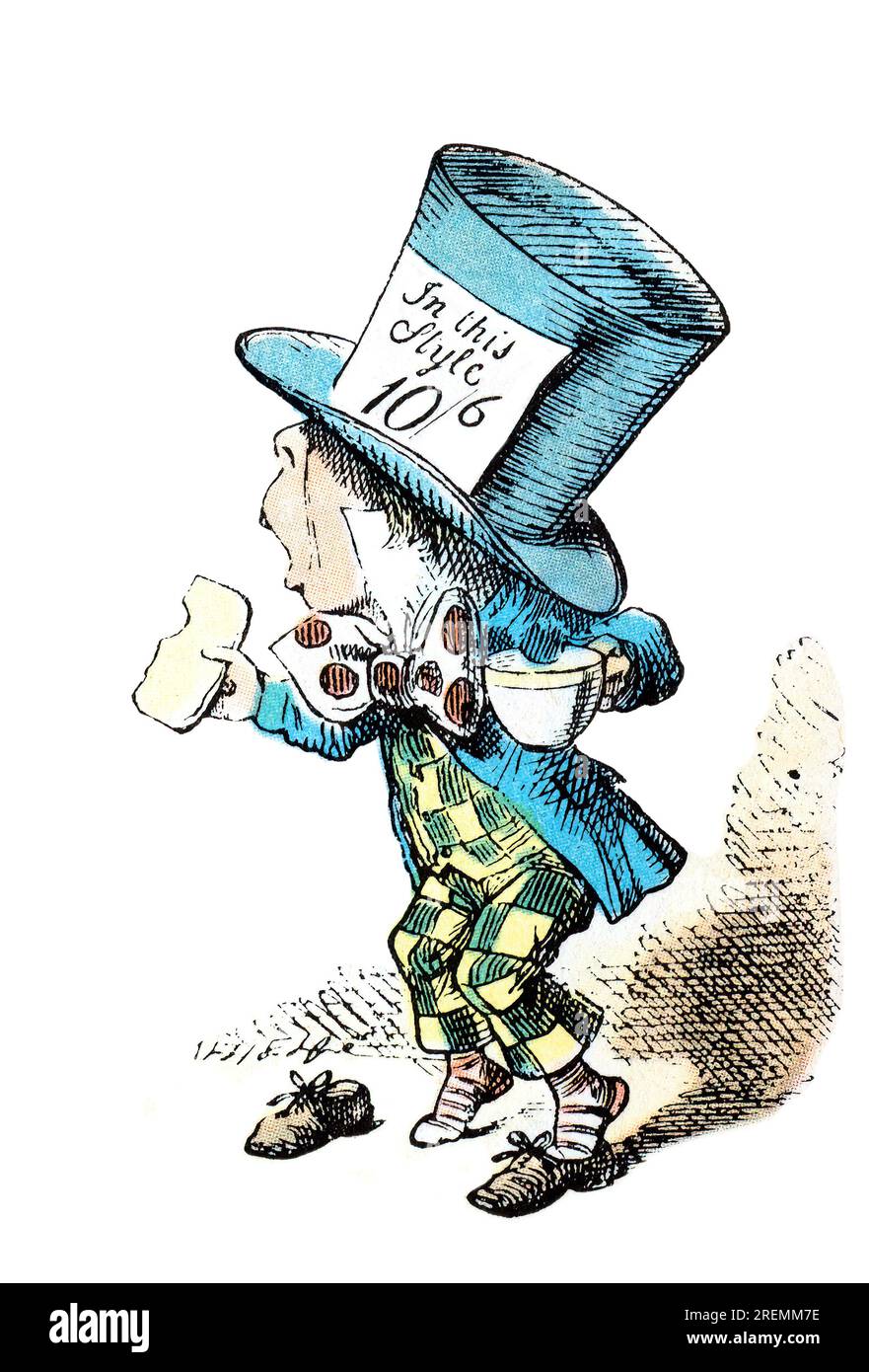 Mad Hatter Alice in Wonderland colored Tenniel illustration Stock Photo